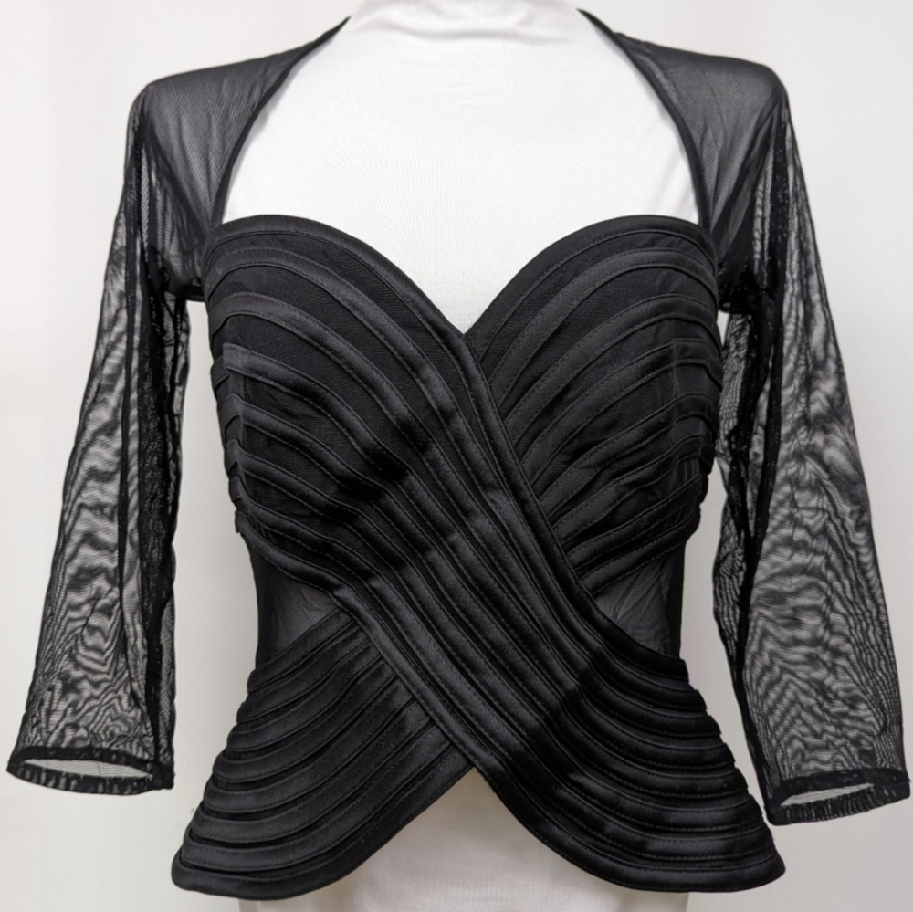 Tadashi Shoji Blouse Sheer Long Sleeve Sweetheart Neck Full Zip Back Vintage M